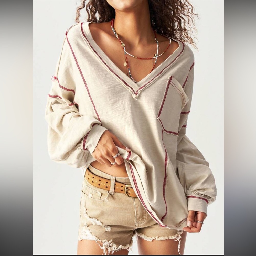 Bohemian Casual Knit V-Neck Drop Shoulder Long Sleeve Loose Women Top
